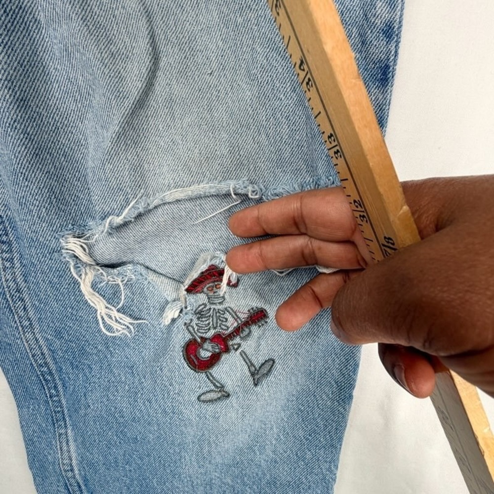 Custom Sugar Skull Embroidered Distressed Levi Straight Leg Jeans Blue - Picture 4 of 6